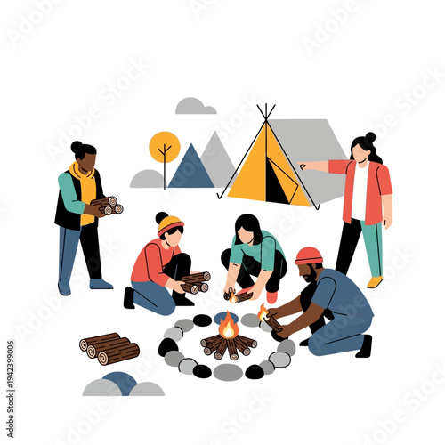 Diverse group of people camping, building a campfire, and setting up a tent.
