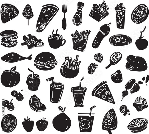 Doodle food collection silhouette icons isolated on white background