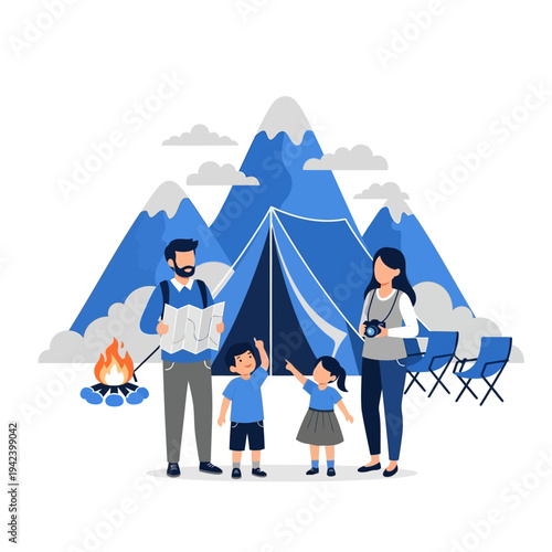 Family camping adventure in mountains with tent, campfire, and scenic view