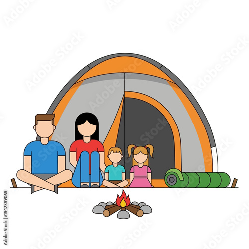 Family Camping Adventure: Parents and Kids Relaxing by Tent and Bonfire