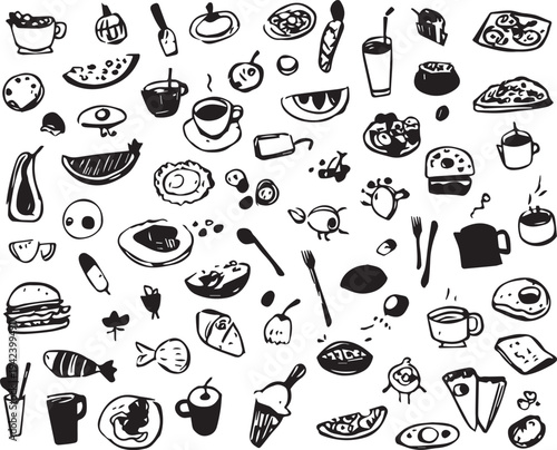 Doodle food collection silhouette icons isolated on white background