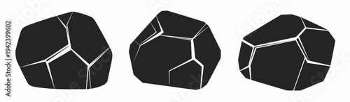 Rock Boulder Silhouette Vector Icon Set, black illustration collection featuring various boulders and stones, isolated graphics on white background ideal for geology, landscape, outdoor