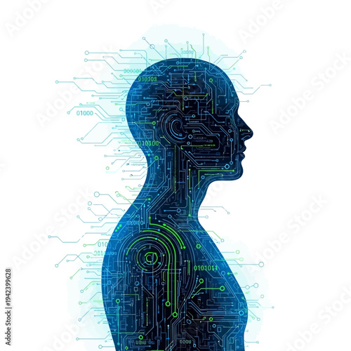 Digital Human Silhouette Displaying Circuitry and Data Connectivity