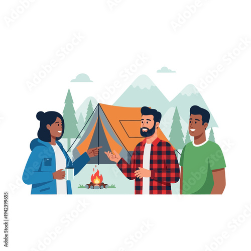 Friends camping and chatting around campfire with tent and mountains background