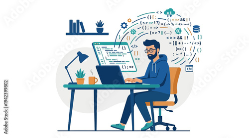 Software Developer Remote Worker Focused on Coding a New Program on Laptop