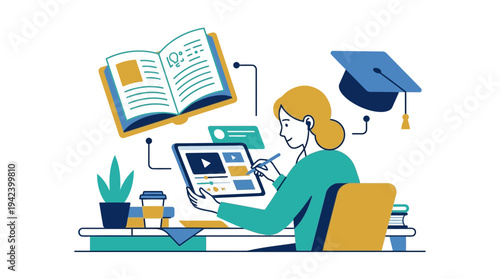 Remote Worker Actively Engaged in Online Learning and Skill Development on a Tablet