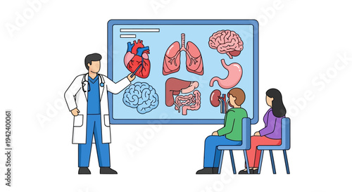 Medical expert educating patients on human anatomy with organ diagrams vector illustration