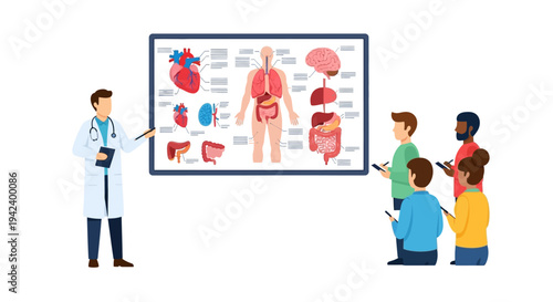 Vector illustration of a medical doctor teaching human anatomy and body systems to a diverse student group, using a detailed anatomical chart for educational purposes
