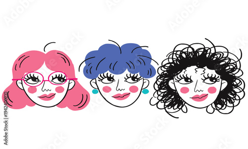 Stylized illustration of three women with different hairstyles and rosy cheeks facing forward high quality professional