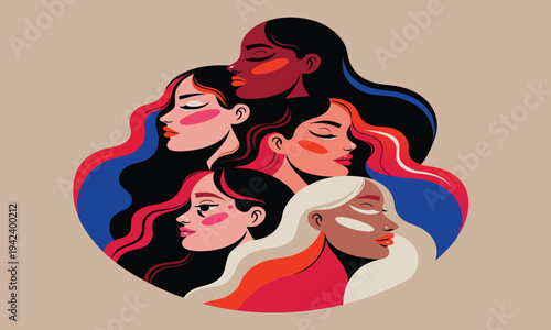 A colorful illustration featuring diverse women s faces arranged in a stacked artistic composition high quality
