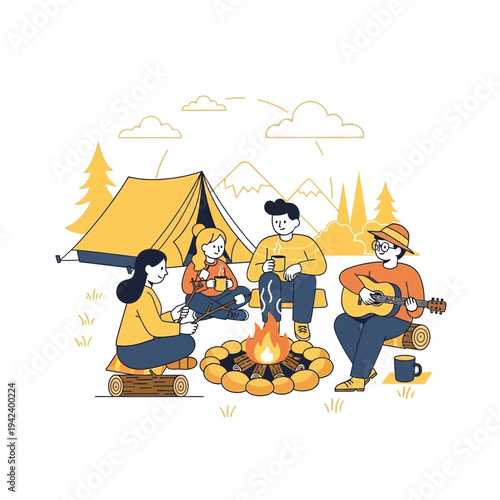 Friends camping, campfire, guitar music, happy outdoor lifestyle illustration