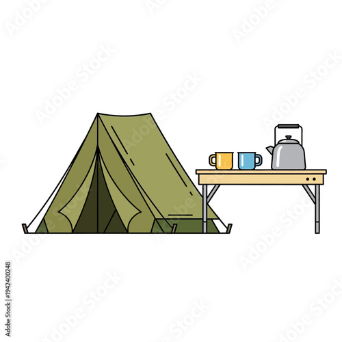 Green Camping Tent with Table, Kettle, and Mugs - Outdoor Recreation