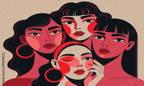 Four women with stylized features and bold red accents are depicted in a modern graphic illustration