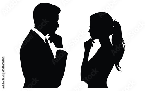 Black And White Silhouette Profiles Of Thoughtful Young Man And Woman Opposite Each Other. Teen Boy And Girl Thinking About Love, Relationships, Gender Contrast, Emotional Connection And Romantic