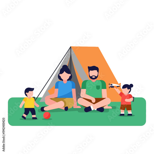Happy Family Camping Adventure: Parents and Kids Relaxing Outdoors
