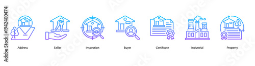 Real Estate Operations web banner icon vector illustration featuring Address, Seller, Inspection, Buyer, Certificate, Industrial, and Property.