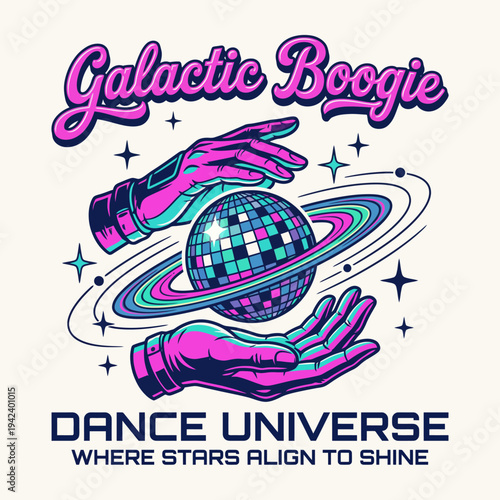 This striking illustration embraces a cosmic dance theme, featuring illuminated hands cradling a disco ball amidst a vibrant galaxy, inviting viewers to celebrate joy and unity.