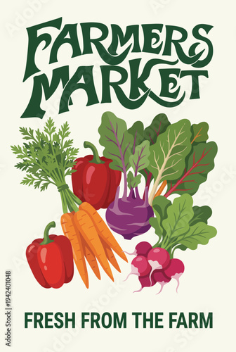 This colorful depiction of a farmers market highlights fresh vegetables including carrots, peppers, and greens, emphasizing the importance of local produce and healthy living.