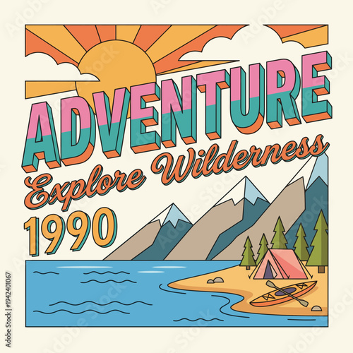 This vibrant illustration captures the essence of adventure in the wilderness, featuring mountains, a river, a campsite, and the sun shining above a picturesque landscape.