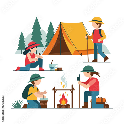 Kids camping adventure, outdoor activity, family fun, nature exploration, campfire cooking