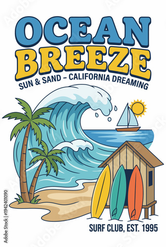 This vibrant image captures the idyllic essence of an ocean breeze, showcasing surfing culture, beach elements, and sunny vibes, perfect for summer-themed decor or lifestyle branding.