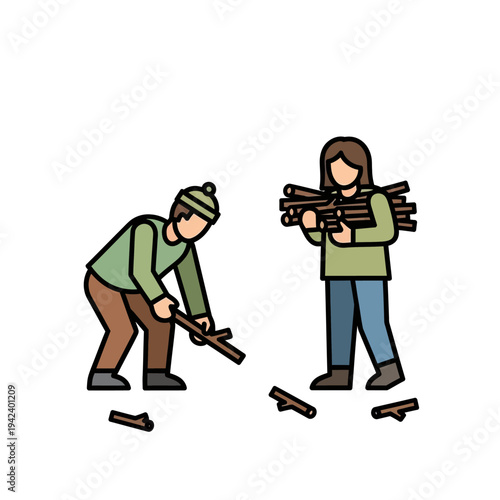 People chopping and carrying firewood for winter fuel, illustration