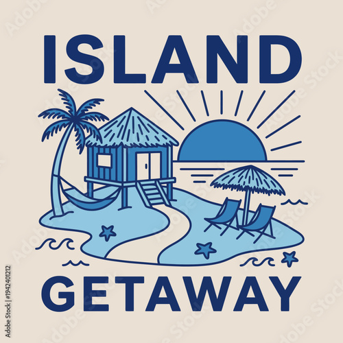 A stunning illustration of an idyllic island getaway, featuring a charming beach hut, palm trees, and a sunset on the horizon, evoking feelings of relaxation and tranquility.
