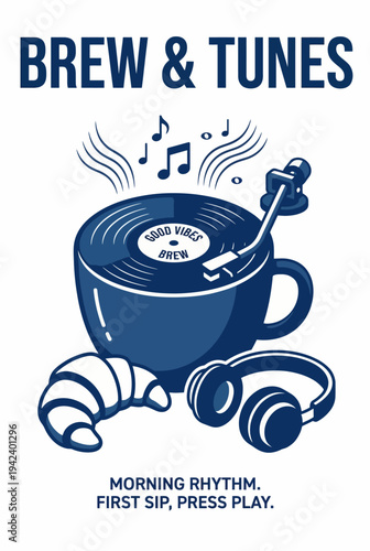 This vibrant image combines a coffee mug with a vinyl record and a croissant, illustrating the joyful experience of combining music with morning coffee rituals.