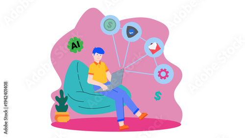 A person relaxing on a bean bag while managing business tasks via a laptop connected to various IoT icons