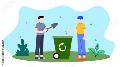 Two people participating in eco-friendly practices by recycling waste and gardening together