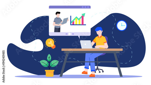 A student watching an online business webinar featuring a mentor and data growth charts