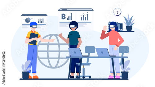 Professionals wearing VR headsets in a digital office environment discussing global data and financial charts