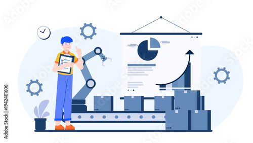 Illustration of a worker supervising an automated robotic arm assembly line with data charts