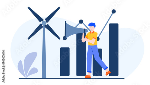 Professional using a megaphone to promote green energy and sustainable growth near a wind turbine