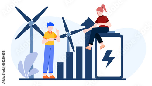 Business team discussing renewable energy solutions with wind turbines and a large battery charging system