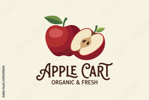 This charming illustration showcases a ripe apple cut in half next to a whole apple, representing freshness and organic quality, ideal for promoting health and local produce markets.