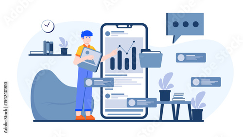 Designer analyzing user behavior and interface data on a giant mobile application screen