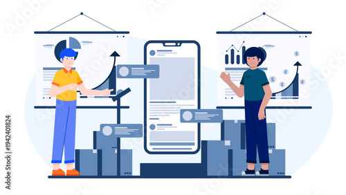 Business experts discussing customer retention data and growth strategies using mobile analytics and charts