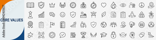 Core values and corporate ethics icons set, outline symbols for business mission integrity leadership and team culture principles vector illustration