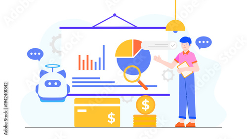 Modern illustration of a professional presenting data charts next to a robotic assistant for business automation efficiency