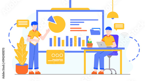 Professionals collaborating in a smart office space using advanced digital tools and data presentation