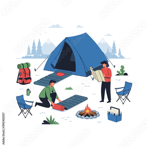 Camping scene illustration with tent, campfire, people, backpack, and chairs