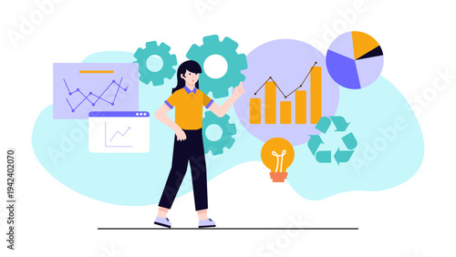 Illustration of business sustainability integrating renewable energy, recycling, and industrial efficiency