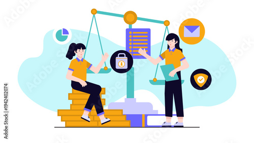Concept of ethical business and fair trade represented by scales of justice, security, and financial balance