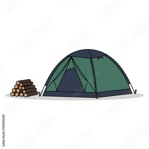 Camping Tent and Firewood Stack Isolated on White Background