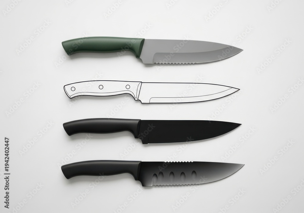 Obraz premium Four kitchen knives isolated on white background