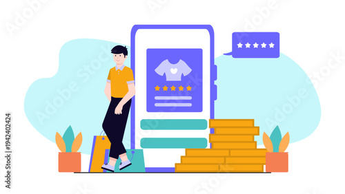 Illustration of customer loyalty and retention strategy with shopping bags and reward concepts