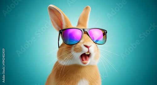 Cute rabbit wearing stylish sunglasses on vibrant turquoise background