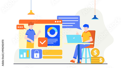 Man sitting at a desk communicating with a colleague via a large virtual video call screen featuring data charts and security icons