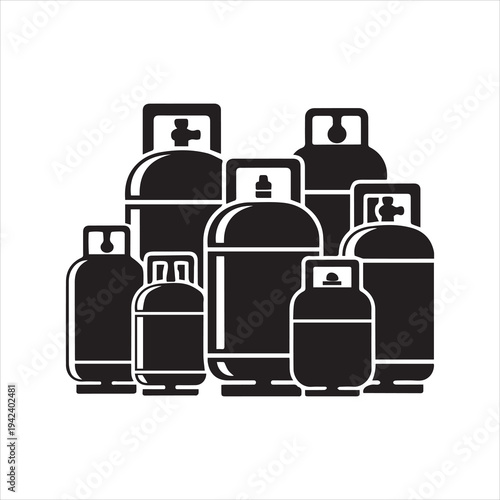 Propane Gas Cylinder Silhouette Vector Icon Se. Industrial LPG Tank and Gas Bottle Collection Silhouette.